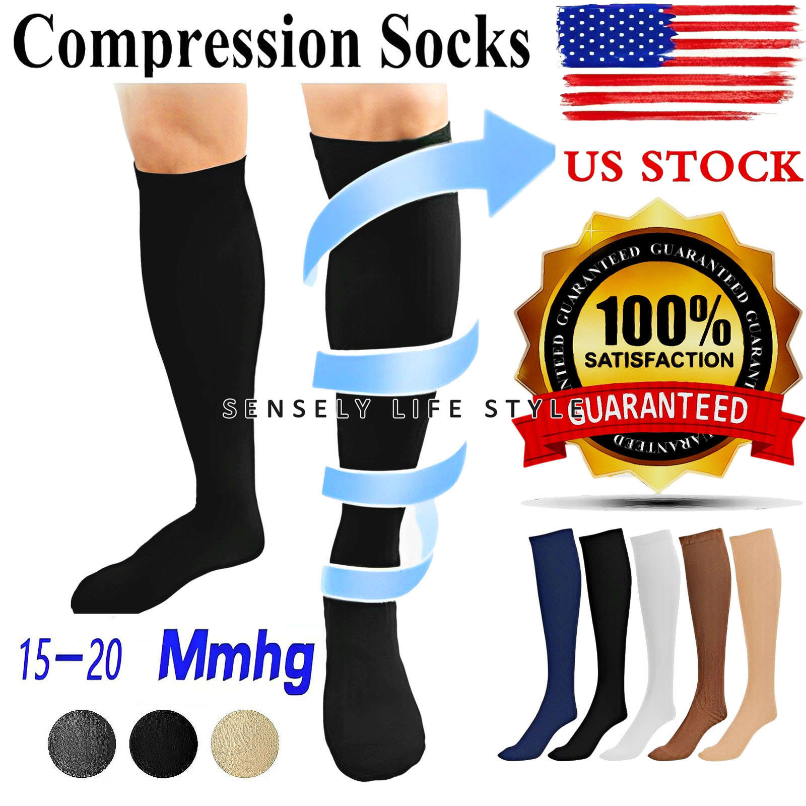 3 Pairs Soft Opaque Knee High Compression Socks for Women & Men Size LG: 6-12.5