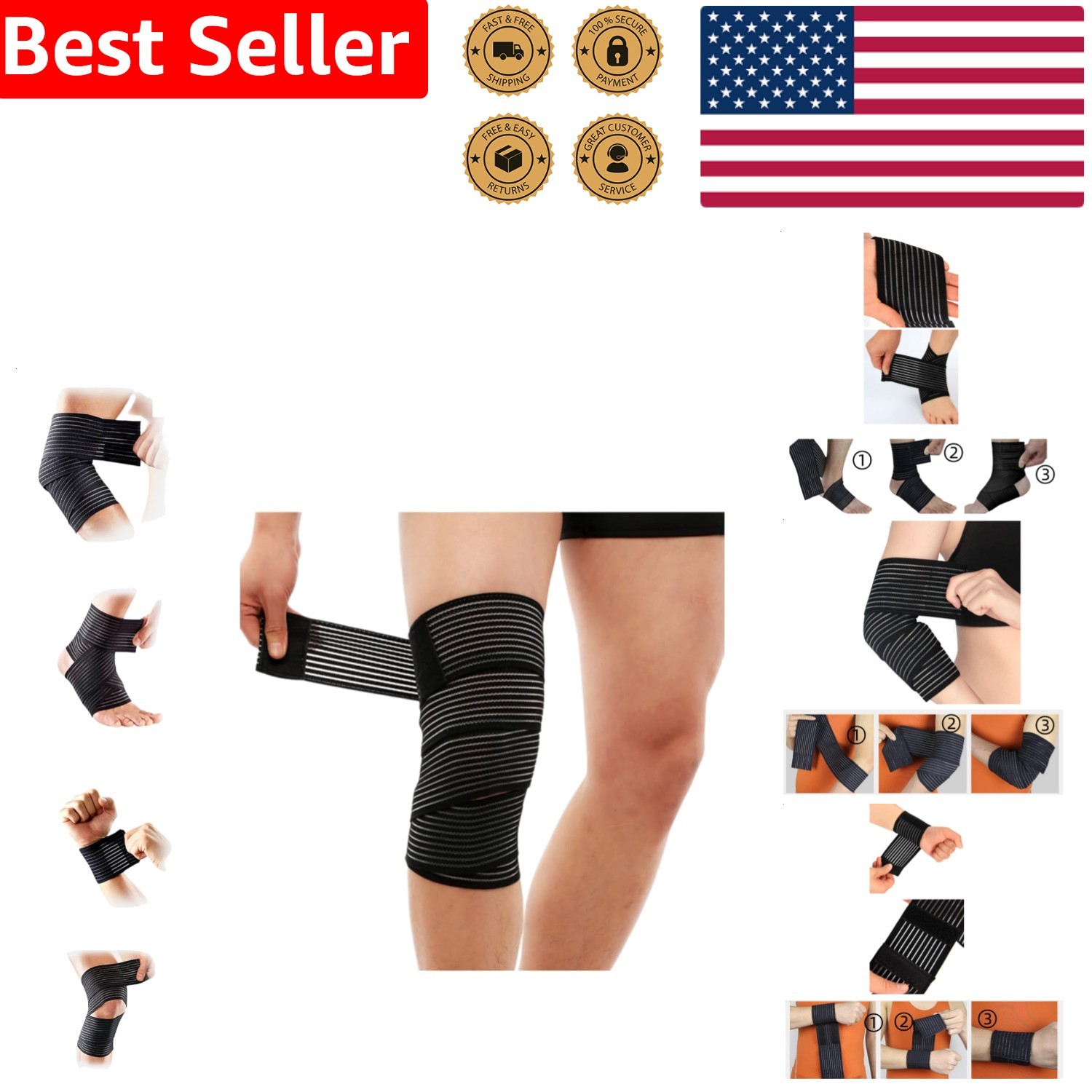 Long Elastic Knee Wrap Brace Support for Ankle & Joint Pain