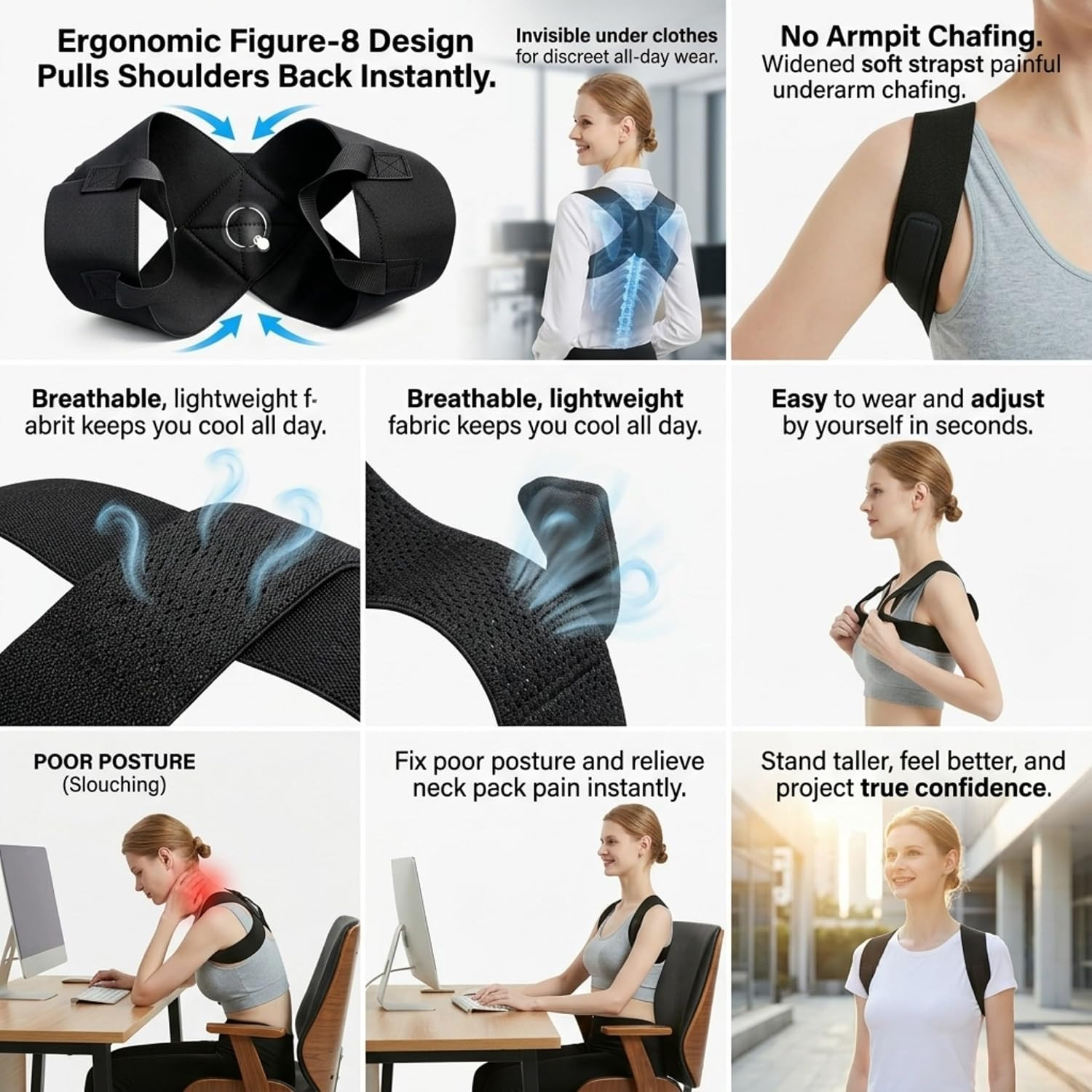 Invisible Back Posture Corrector for Women and Men | Breathable, Shoulder Brace