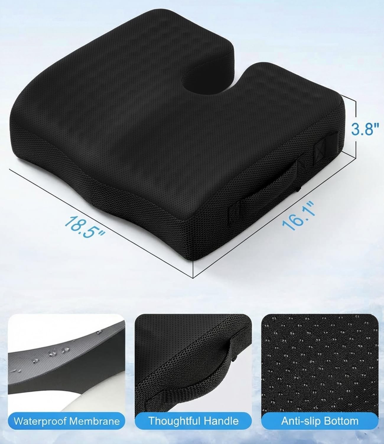 Wheelchair Seat Cushions Cooling, Ergonomic Cushion, Waterproof Black