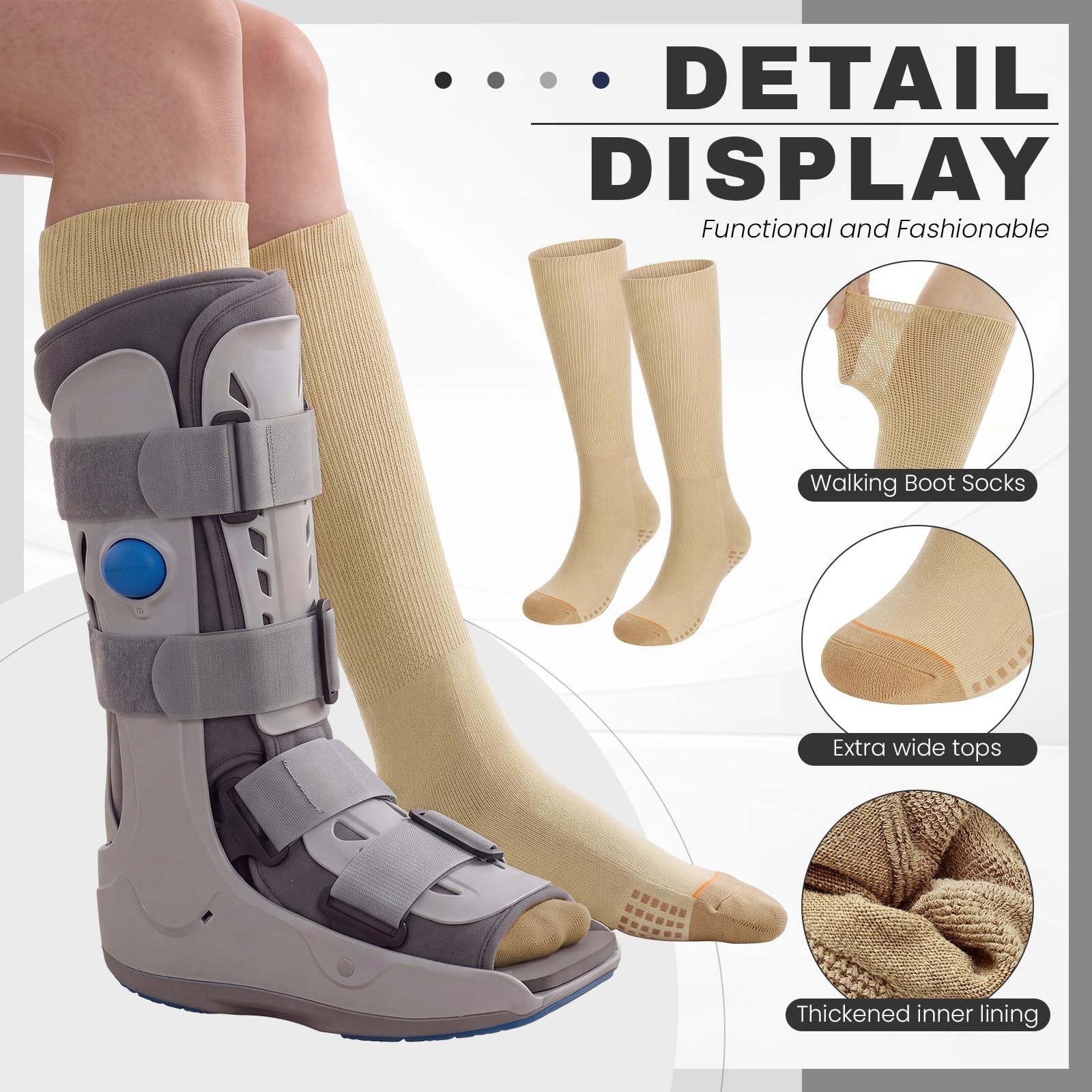 4 Pairs Orthopedic Boot Socks Replacement Liner for Walker Brace & Cast – Black,