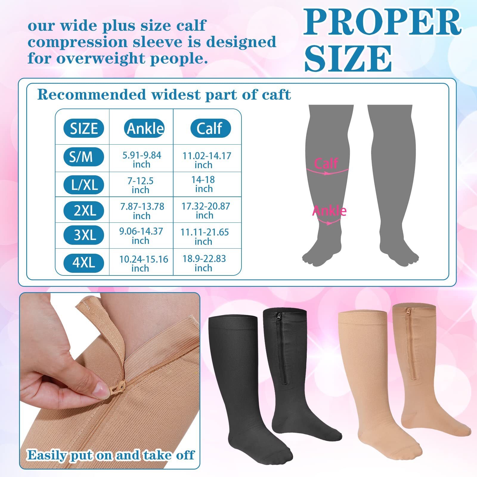 2 Pair Wide Plus Size Calf Compression Socks with Zipper for Overweight Women…