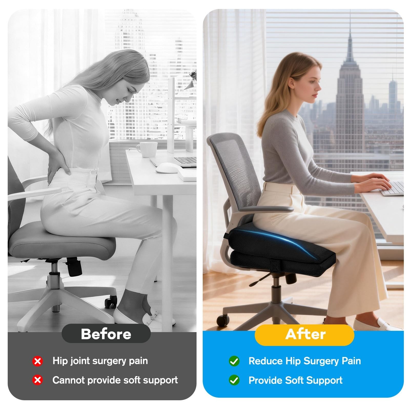 Adjustable Memory Foam Cushion for Hip Surgery Recovery, Non-Slip, Long Sitting