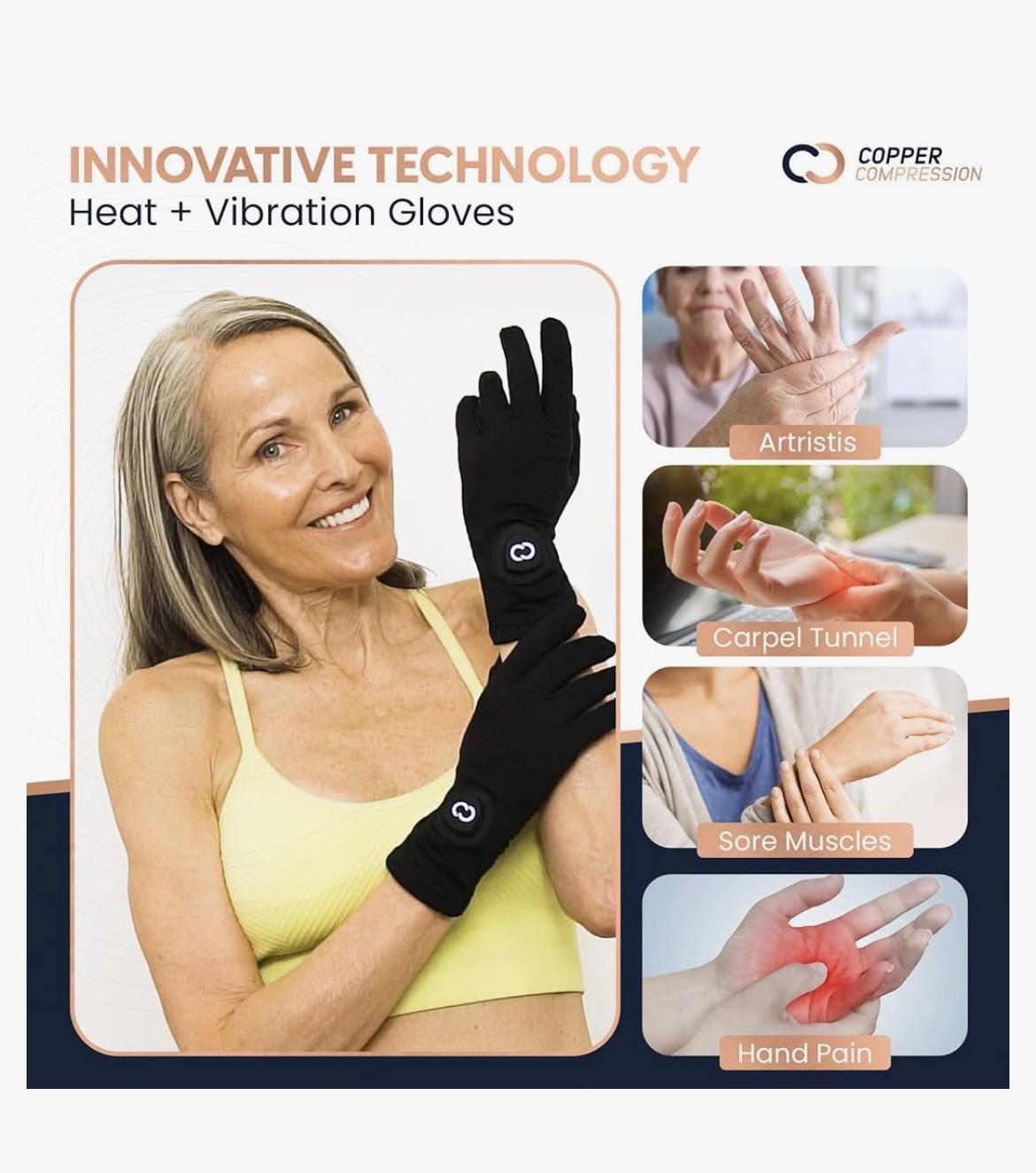 Copper Compression CopperVibe Vibration Heat Therapy Gloves Black (1 Pair)