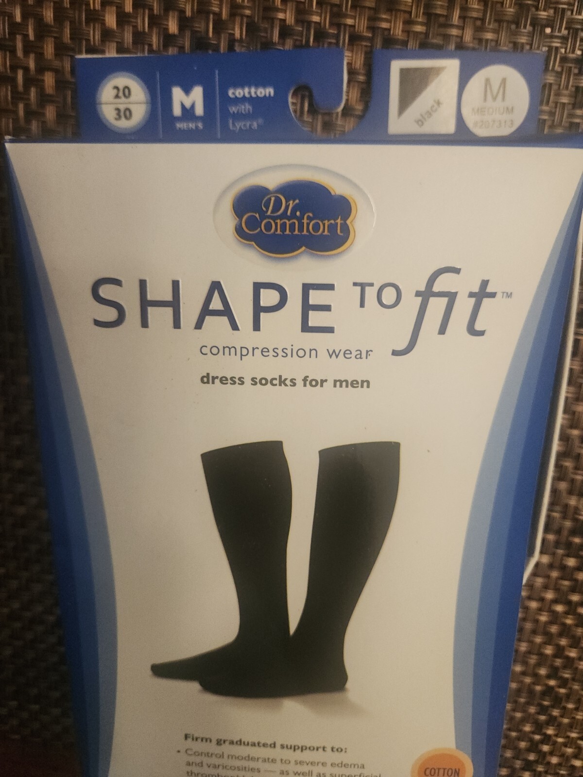 Dr Comfort Mens Dress Socks Cotton W/lycra 20-30mmHg M 8-10 Black 207313
