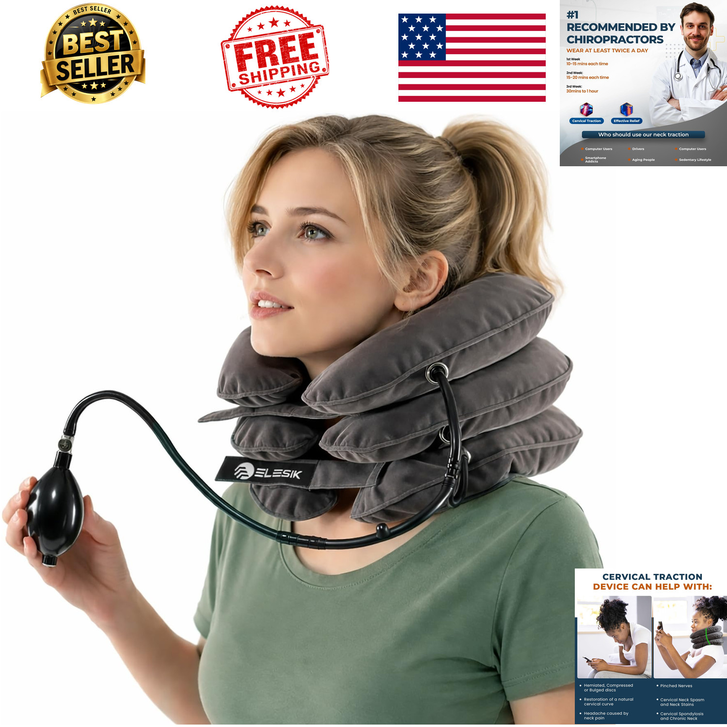 Inflatable Cervical Neck Traction Device Neck Stretcher for Pain Relief Grey