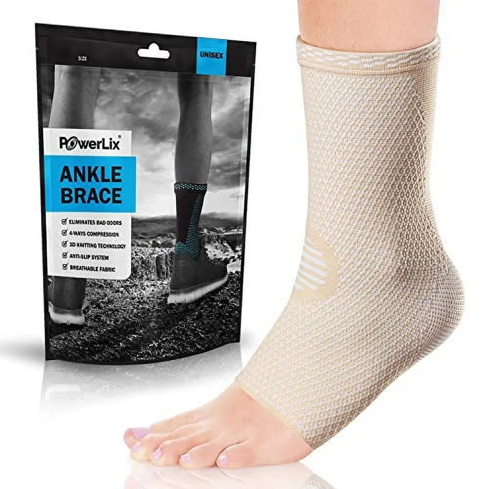 Powerlix Ankle Brace Support Sleeve (Pair) for Injury Recovery Size Medium Beige