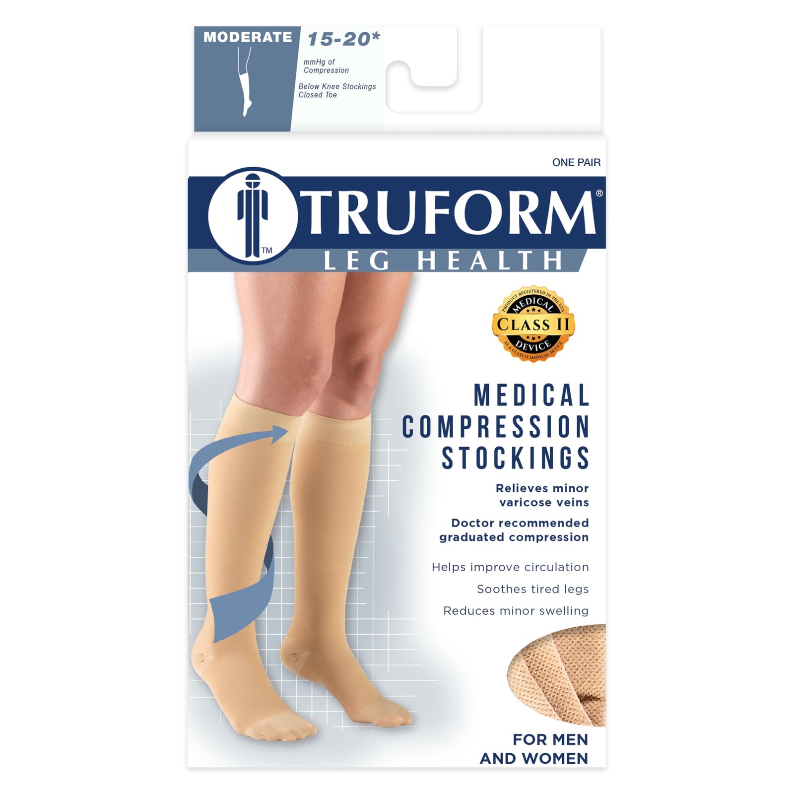 Truform 15-20 mmHg Compression Stockings, Knee High, Unisex, Beige, X-L