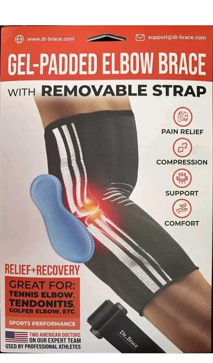 DR. BRACE Gel Padded Elbow Brace w/Removable Strap Compression Pain Relief Small