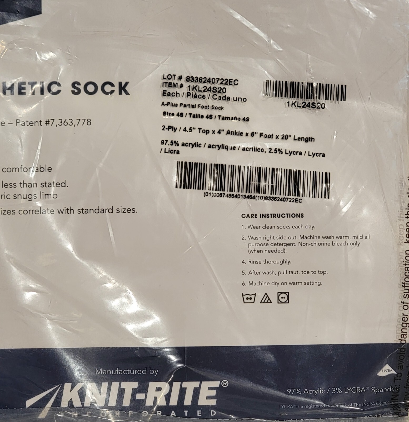 Knit Rite Soft-Sock Prosthetic Sock-Size 4S – Pack of 4 – New, Sealed Packages