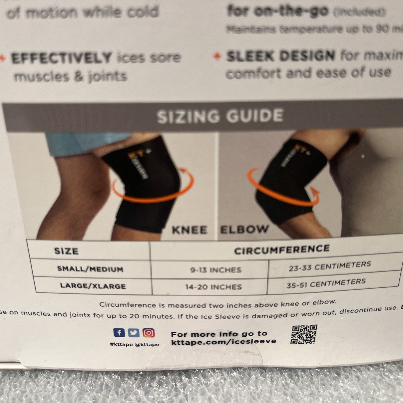 KT Health Ice Sleeve, S/M Knee Elbow Reduced Swelling. New Sealed. 1 Gel Sleeve