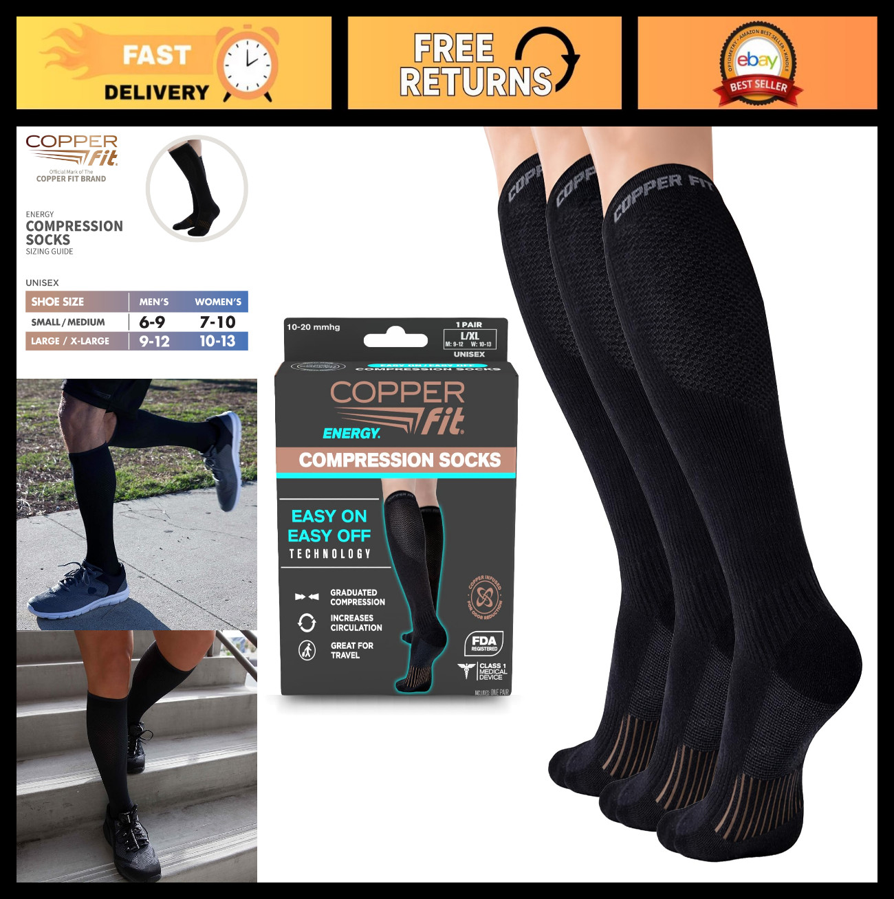 Compression Socks 3 Pack – Easy On/Off, Circulation & Swelling Relief, Ideal for