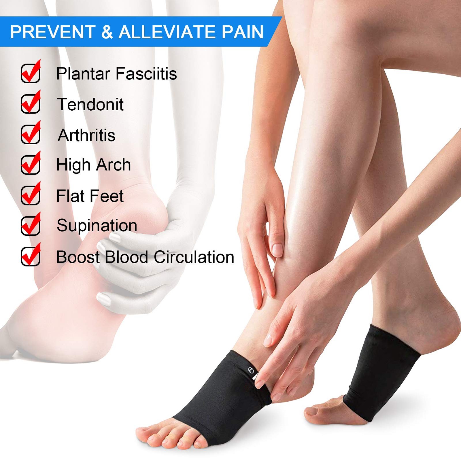 Ailaka 2 Pairs Compression Arch Support Sleeves, 2 Pair (Pack of 1), Black