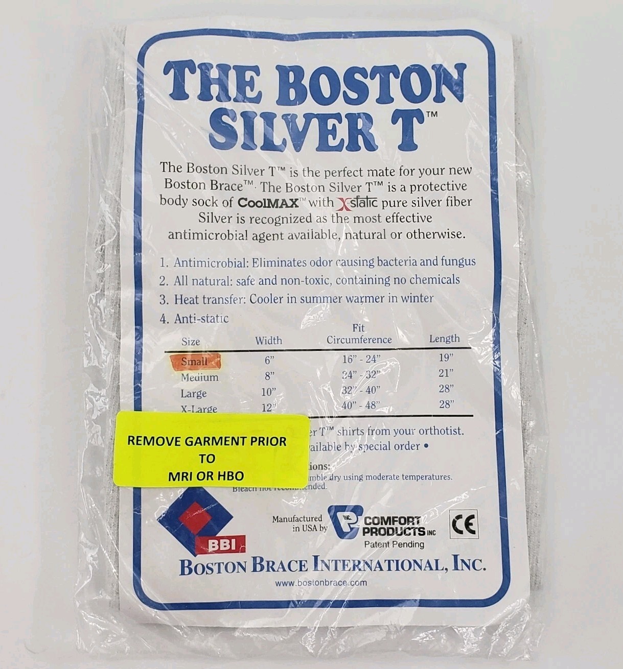 Boston Brace Scoliosis Body Sock Silver T Single Flap 6″x19″ Sz Small NEW Sealed
