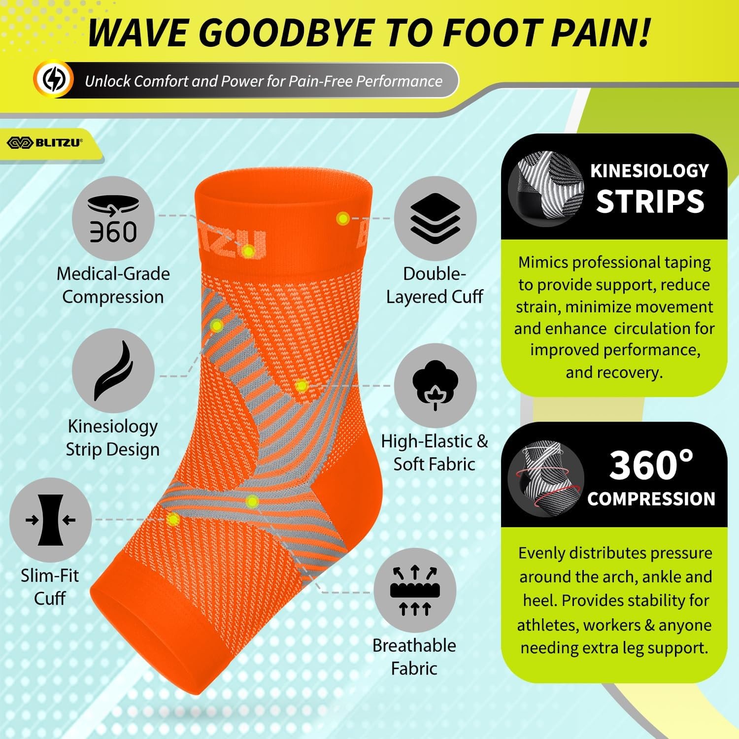 Blitzu Compression Foot Sleeve Socks Plantar Fasciitis Orange Support S/M Pair
