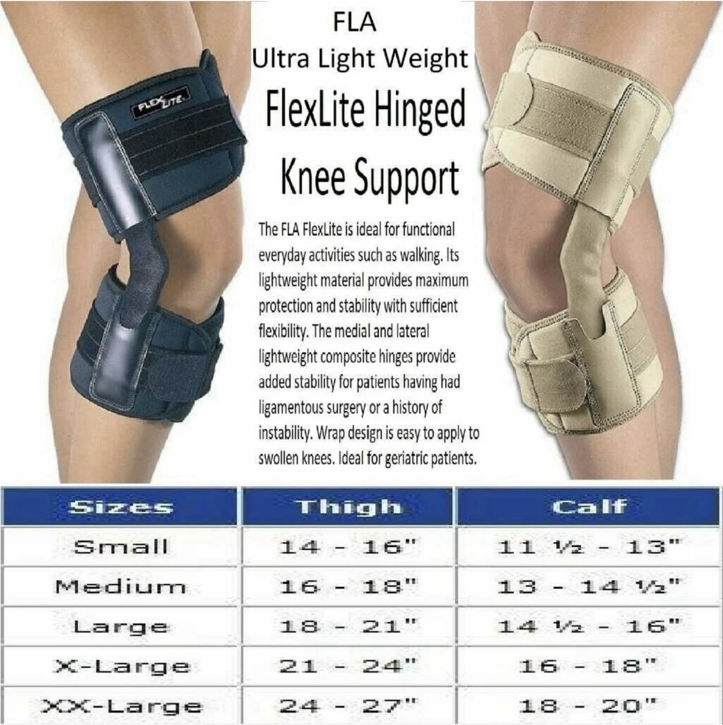 FLA Ultra Lightweight FlexLite Cool Walking Hinged Knee Support Black Small
