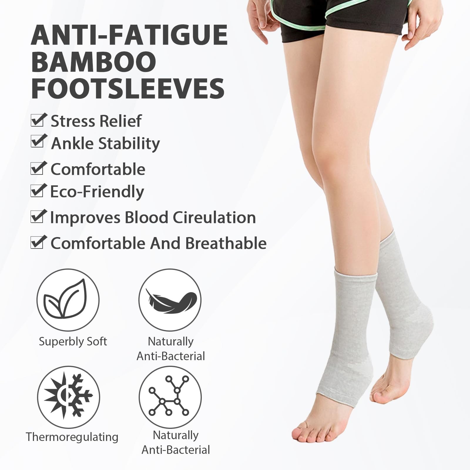 2 Pairs Bamboo Compression Socks, Soft Bamboo Foot Ankle Sleeves, Suitable fo