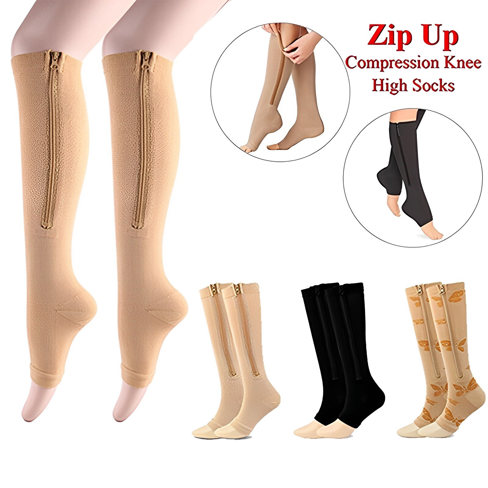 Zipper Compression Socks 20-30 mmhg Open Toe Stockings Knee High Anti Embolism