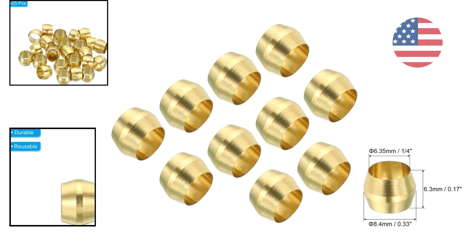Versatile Brass Compression Sleeves – 25-Pack for 1/4 Inch Pipe Connections