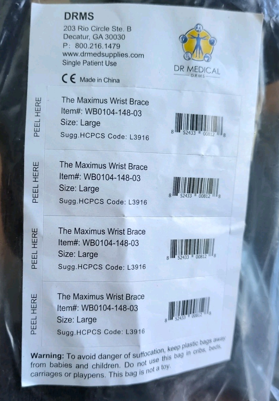 *NEW* DRMS The Maximus Wrist Brace WB0104-148-03 Size Large Black Lightweight