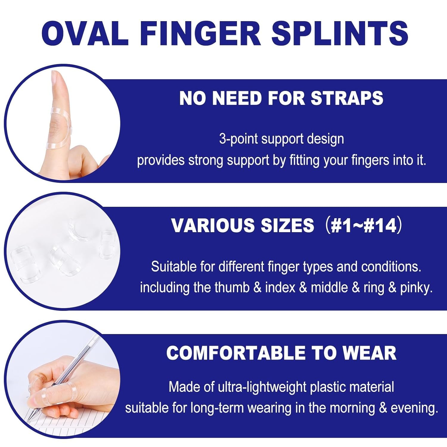 10Pcs Clear Oval Finger Splints & Sleeves Kit, 6 Graduated Trigger Finger Splint