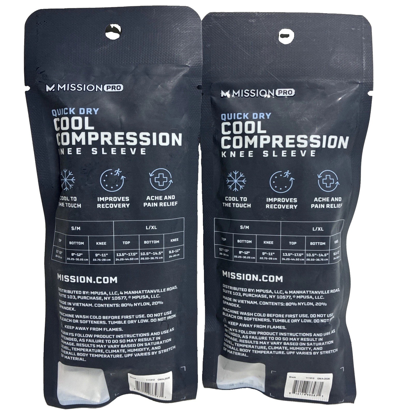 Mission Pro Quick Dry Cooling Compression Knee Sleeve, Black, Size S/M- 2 Pack