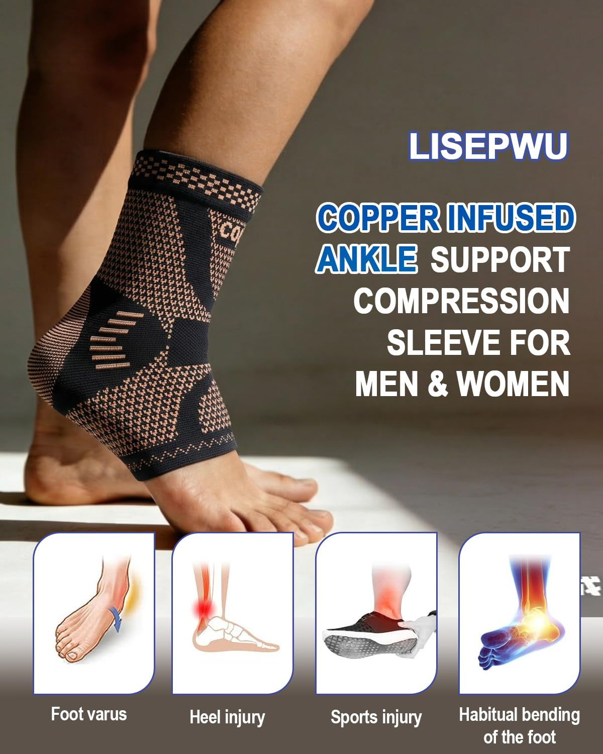 Copper Ankle Brace, Copper Infused Ankle Support Compression Sleeve for Men & Wo