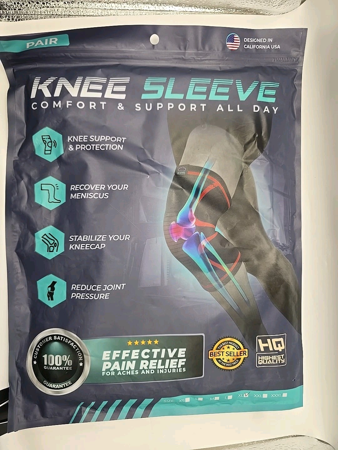 MODVEL MV-605 Knee Compression Sleeve Brace Pair XL Gray Turquoise 2 Pack