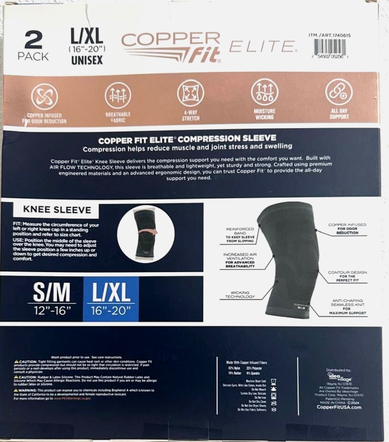 Elite Copper Fit Compression KNEE Sleeve w Airflow Tech L/XL 16”-20” 2 Pack NIB