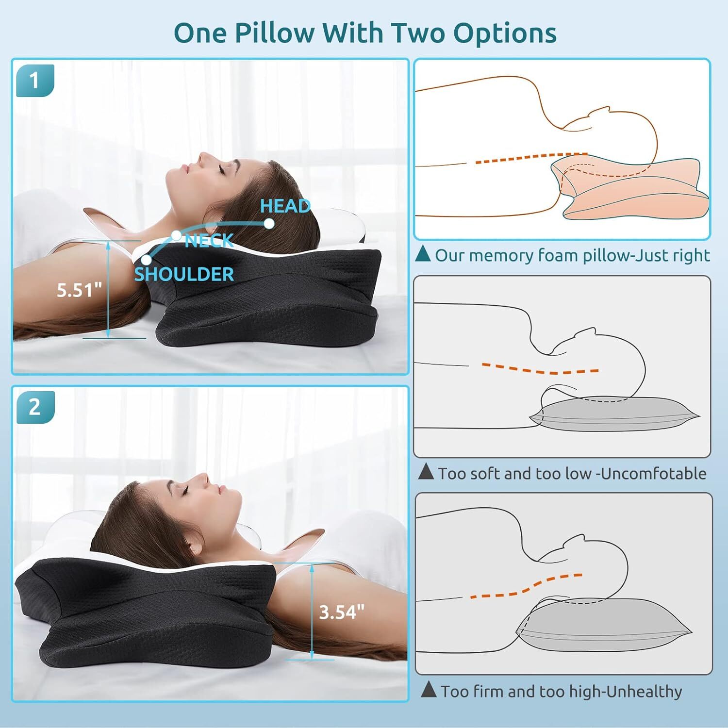 Cervical Pillow for Neck Pain Relief ,Ergonomic Orthopedic Neck Support , Black