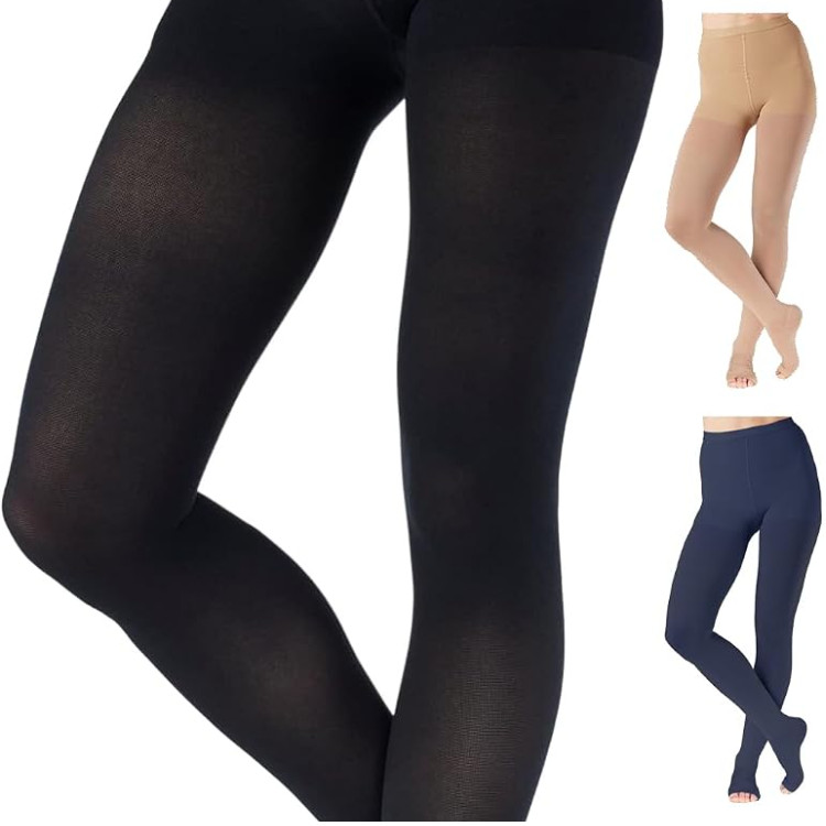 Compression Pantyhose 20-30mmHg Opaque Black Medium Reinforced Heel Open Toe Var