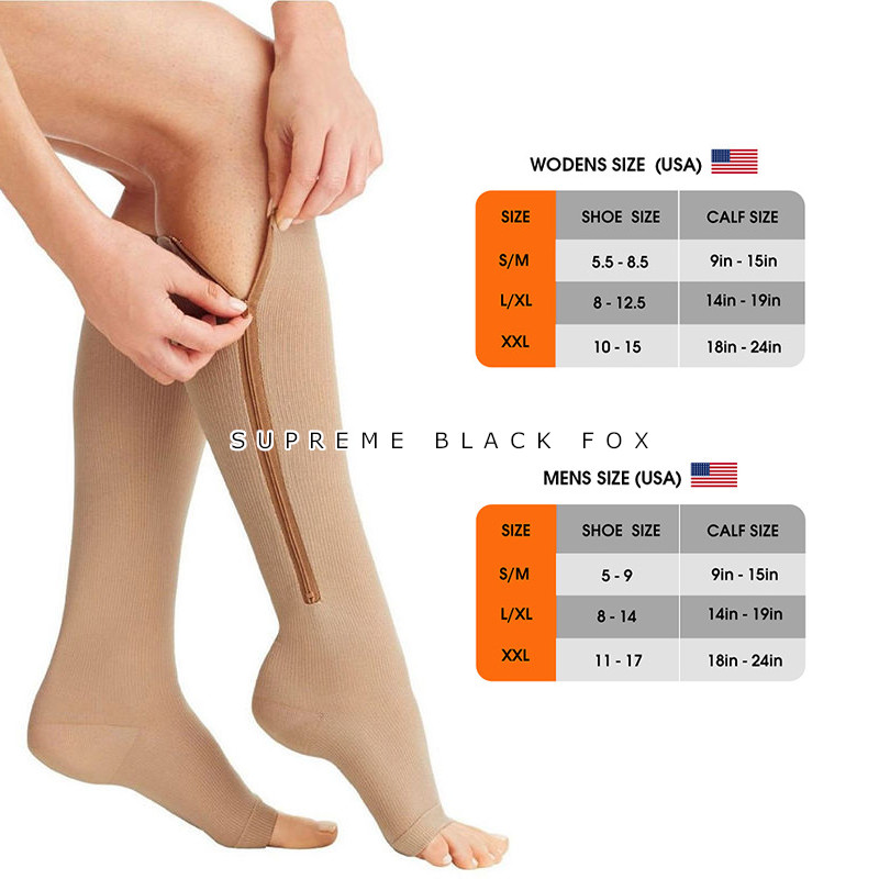 Open Toe Zipper Compression Socks Support Graduated Stockings Unisex 20-30mmHg