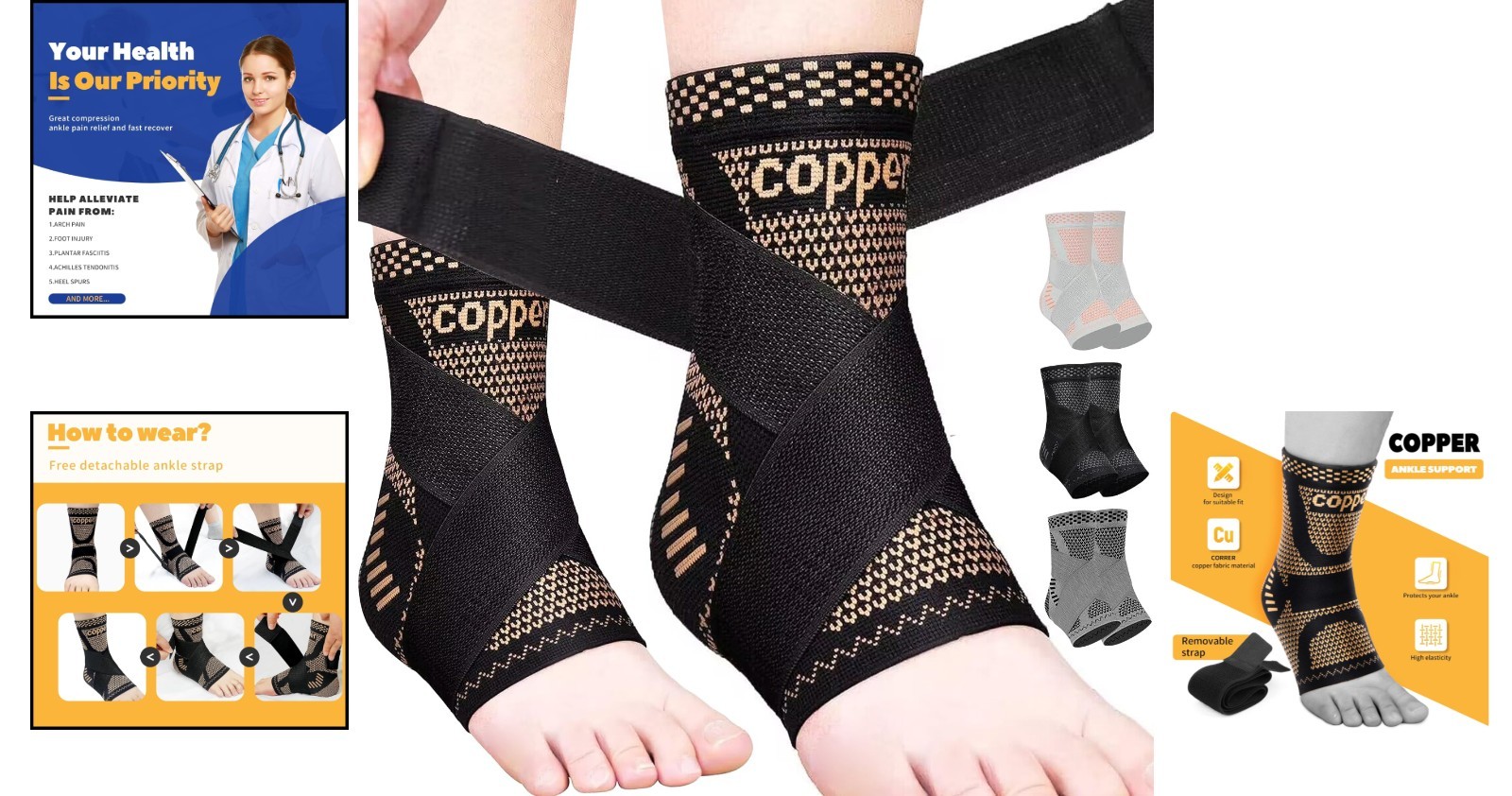 Copper Ankle Brace – Adjustable Compression Sleeve for Pain Relief – Large Size