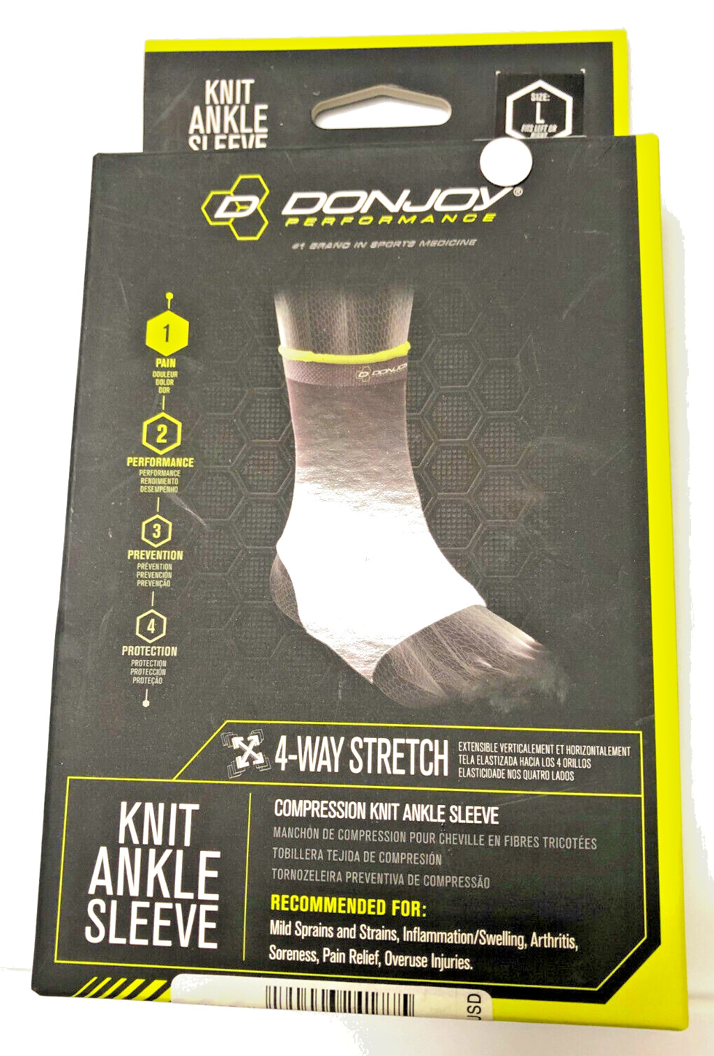 Donjoy Knit ankle sleeve Size L for left or right leg 4 way stretch