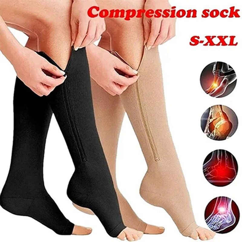 Zipper Open Toe Stockings Performance Compression Socks 20-30 mmgh Below Knee US