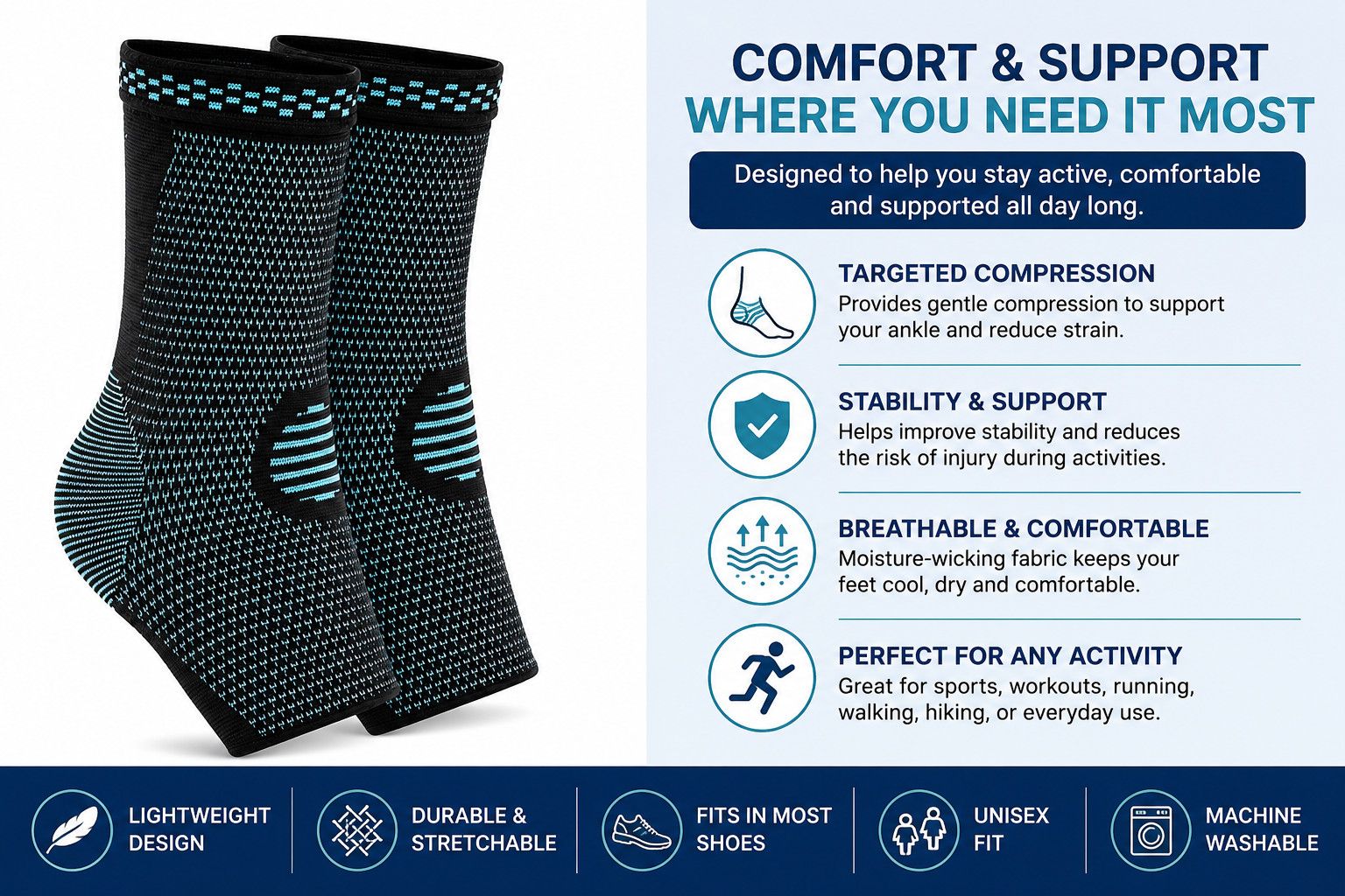 1 Pair Ankle Compression Sleeve Brace Plantar Fasciitis Achilles Tendon Support