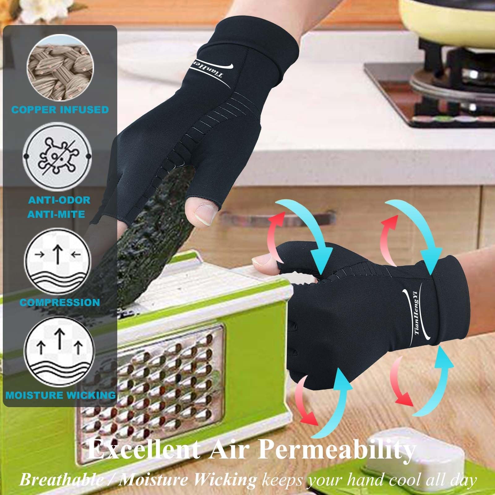2 Pairs Copper Arthritis Gloves for Relief Pain, Compression Gloves Fingerless f
