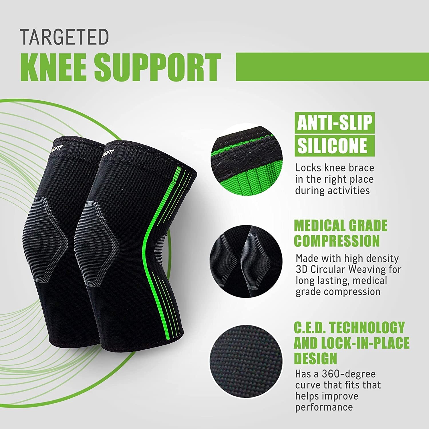 NeoAlly Compression Knee Sleeve for knee pain, gym knee sleeve, green, L