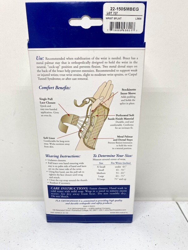 FLA Beige Right Hand Soft Fit Suede Finish Wrist Brace Small