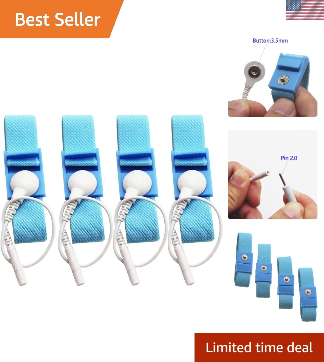 Versatile Adjustable Estim Wrist Straps: 4 Blue Loops & 4 White Wires Included