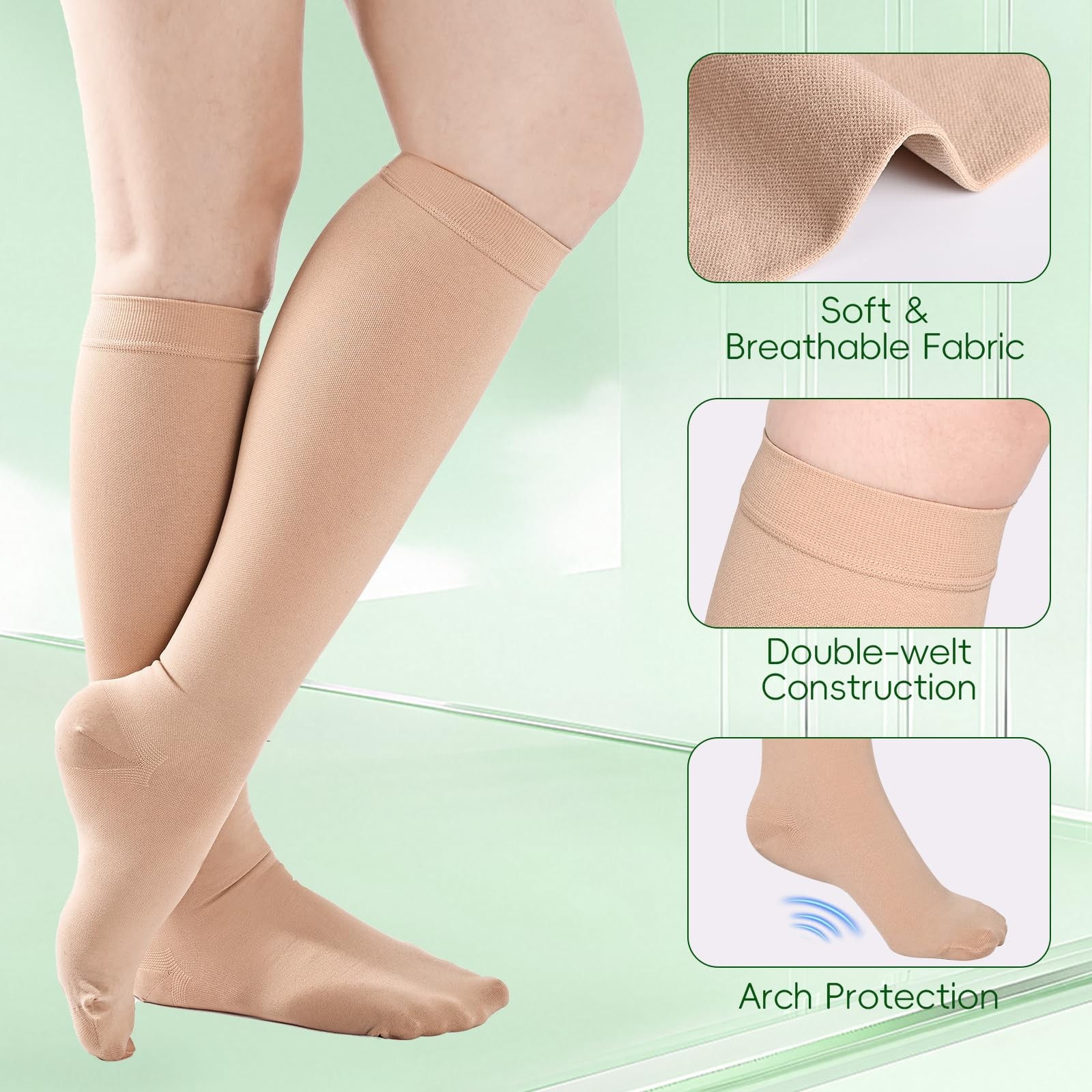 Wegitcs 2 Pairs 20-30mmHg Knee High Compression Socks for Medium, Beige