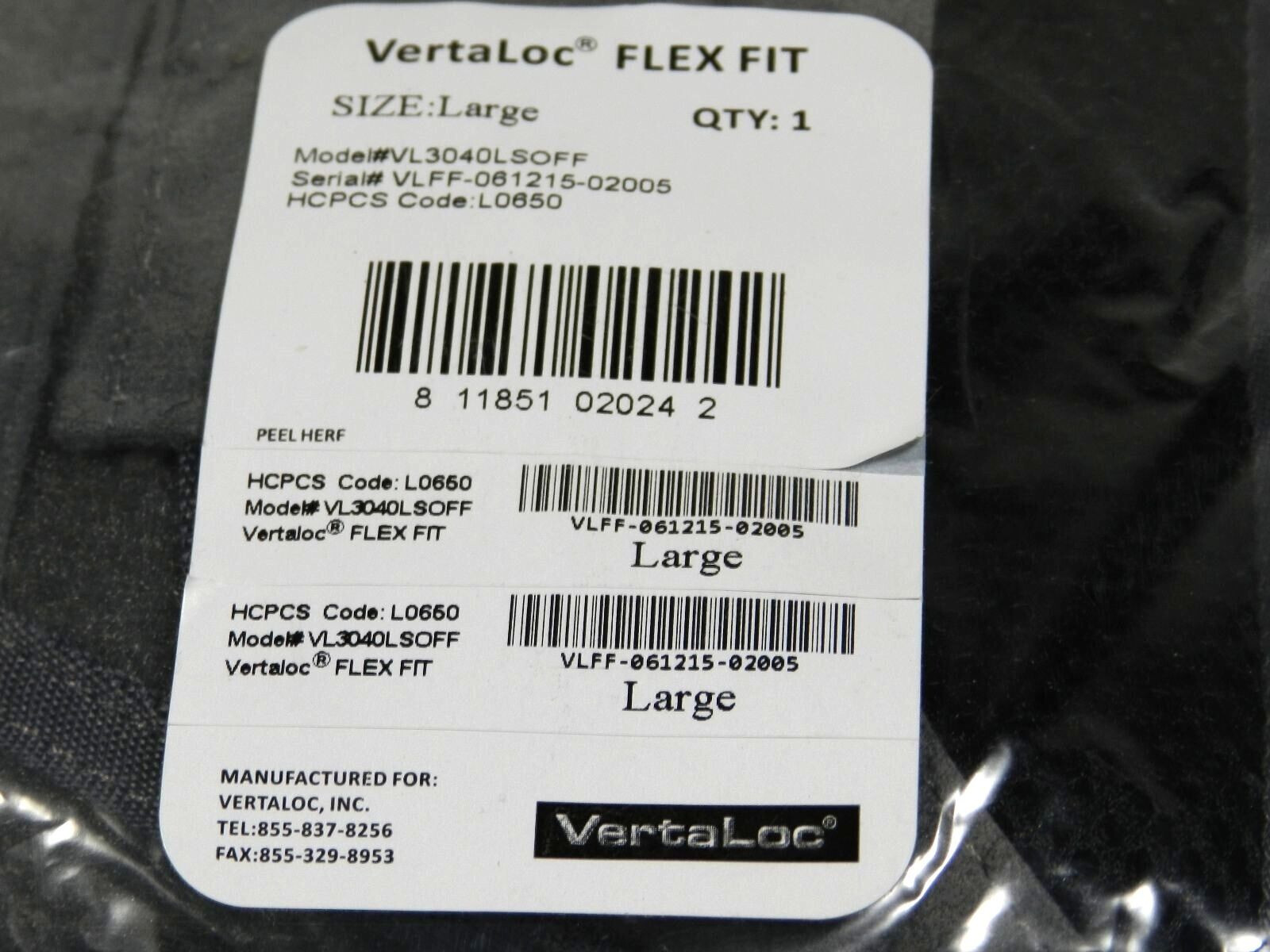 VertaLoc Flex Fit Lumbar-Sacral Orthosis (LSO) Back Brace Size Large New