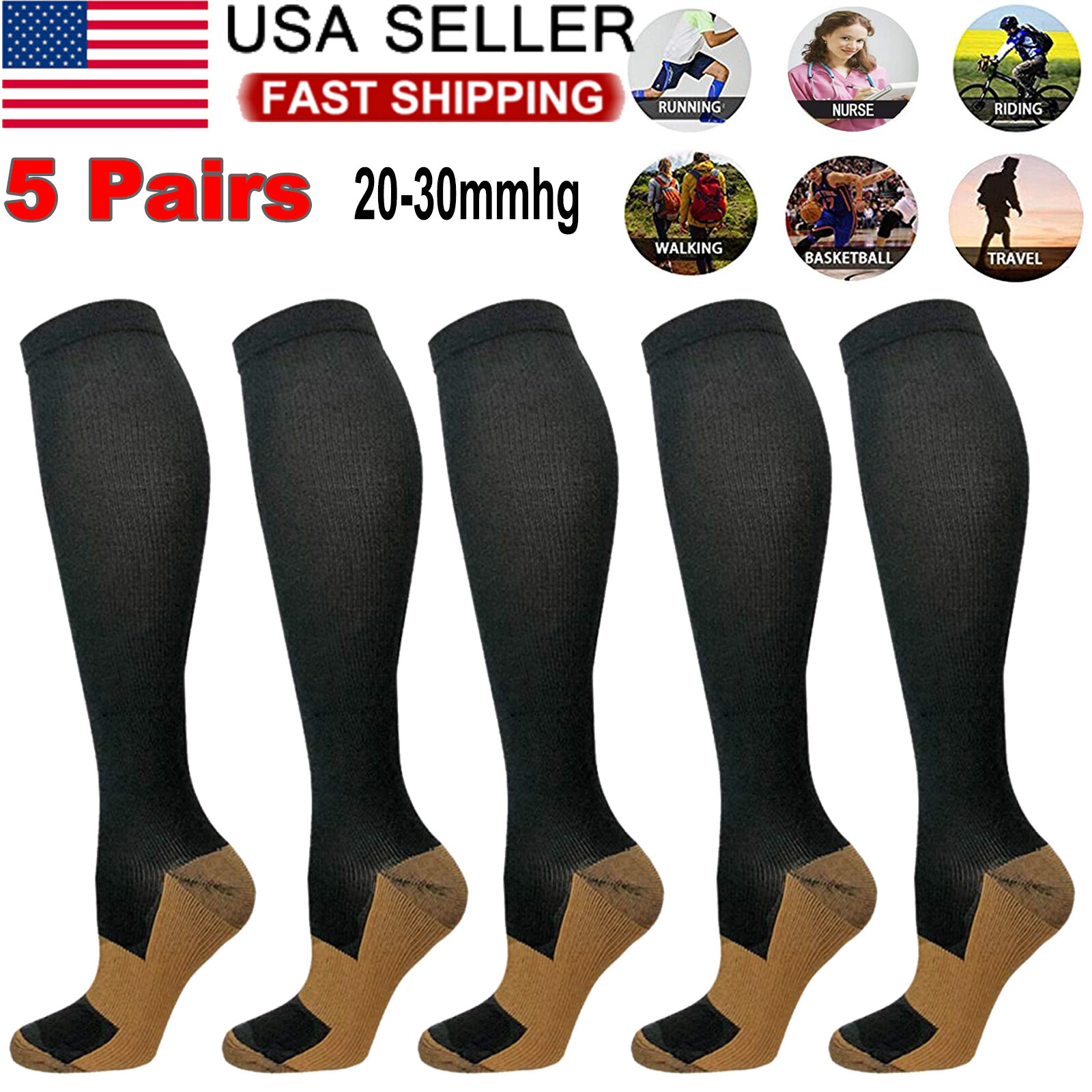 5 Pairs Copper Compression Socks 20-30mmHg Graduated Support Mens Womens S/M-XXL