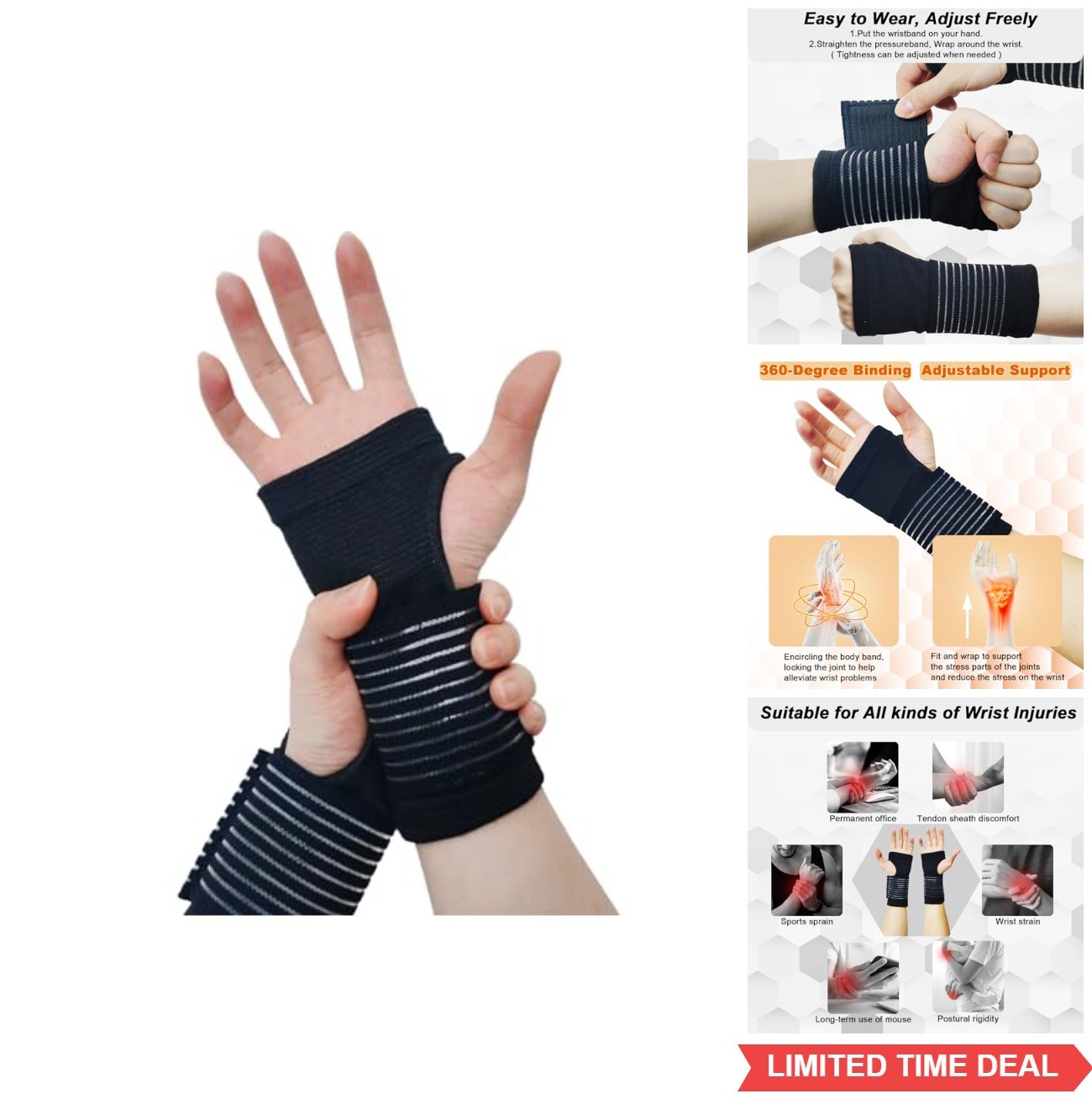 Wrist Brace 2 Pack Compression Support Splint Adjustable Strap for Carpal