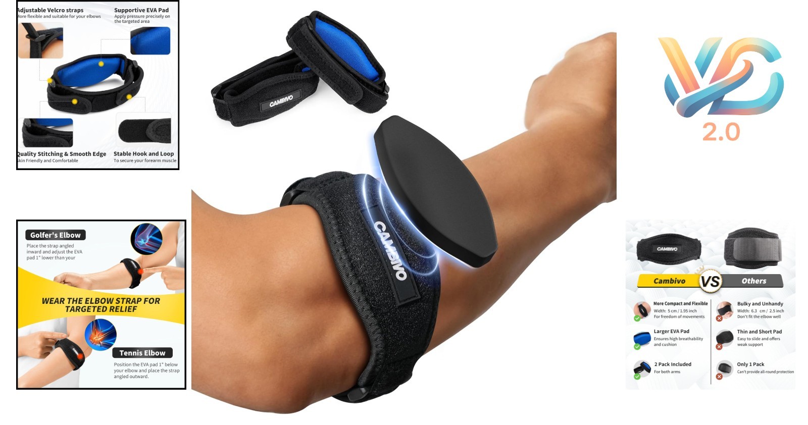 2 Pack Tennis Elbow Brace Support Tendonitis Relief Black Unisex