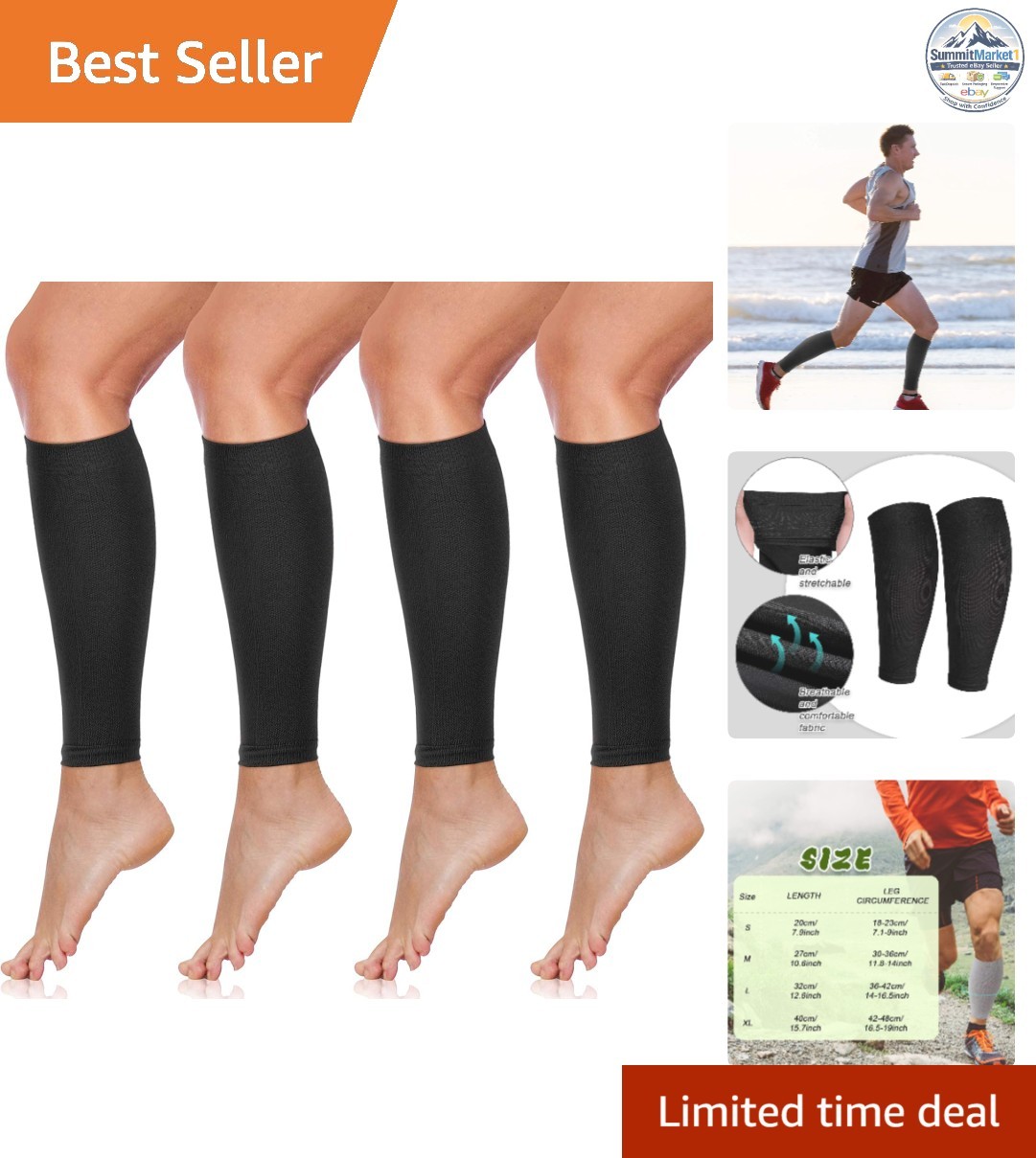 Calf Compression Sleeves 4 Pairs Large Black for Men Women Youth Support