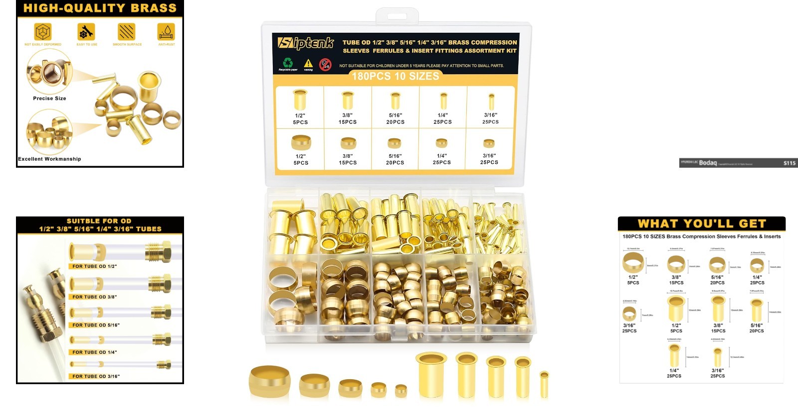 Durable 180PC Brass Compression Sleeves and Inserts – Ideal for Various Tubing