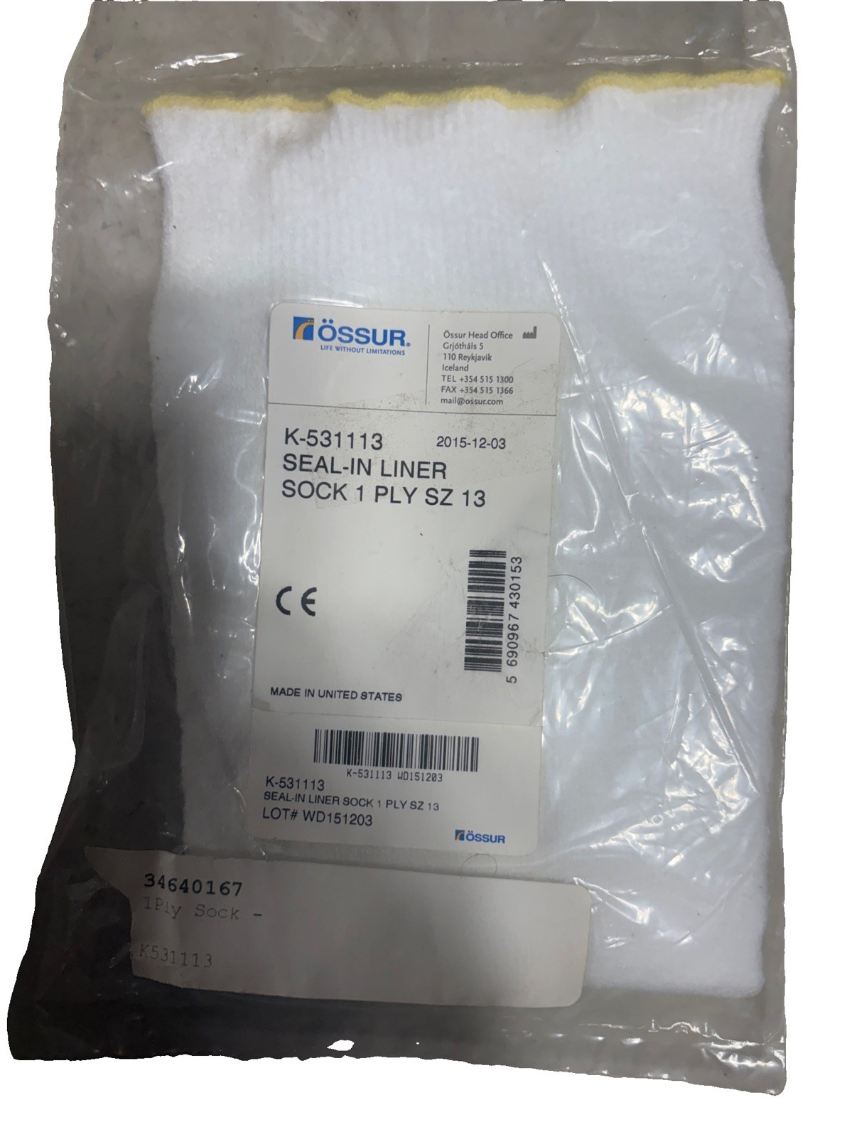 One OSSUR Seal-in Liner Sock 1 PLY, K-531113 Size 13 White New & Sealed