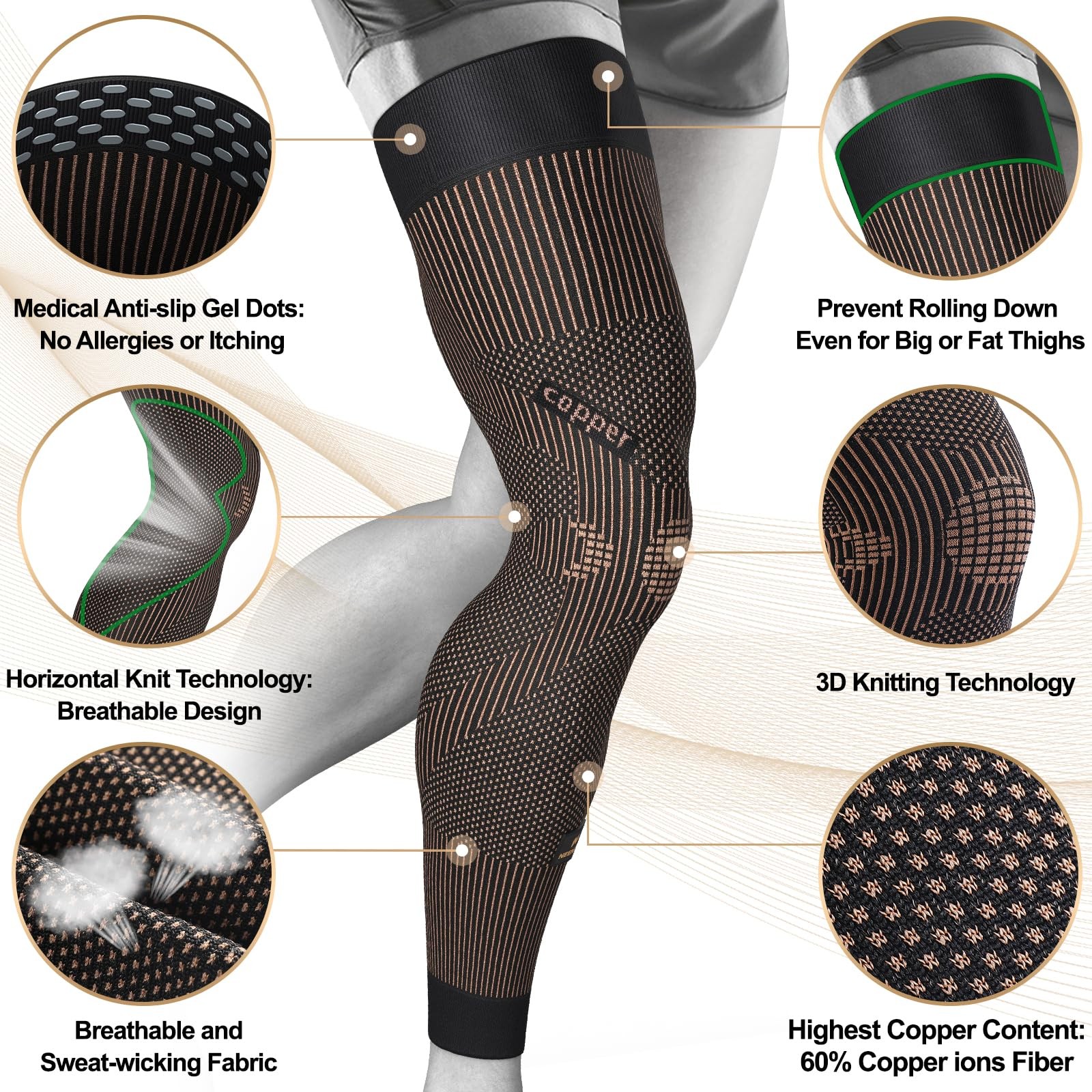 Copper Compression Leg Sleeve, Ultra-thin Full Leg Sleeve with Copper Ions In…