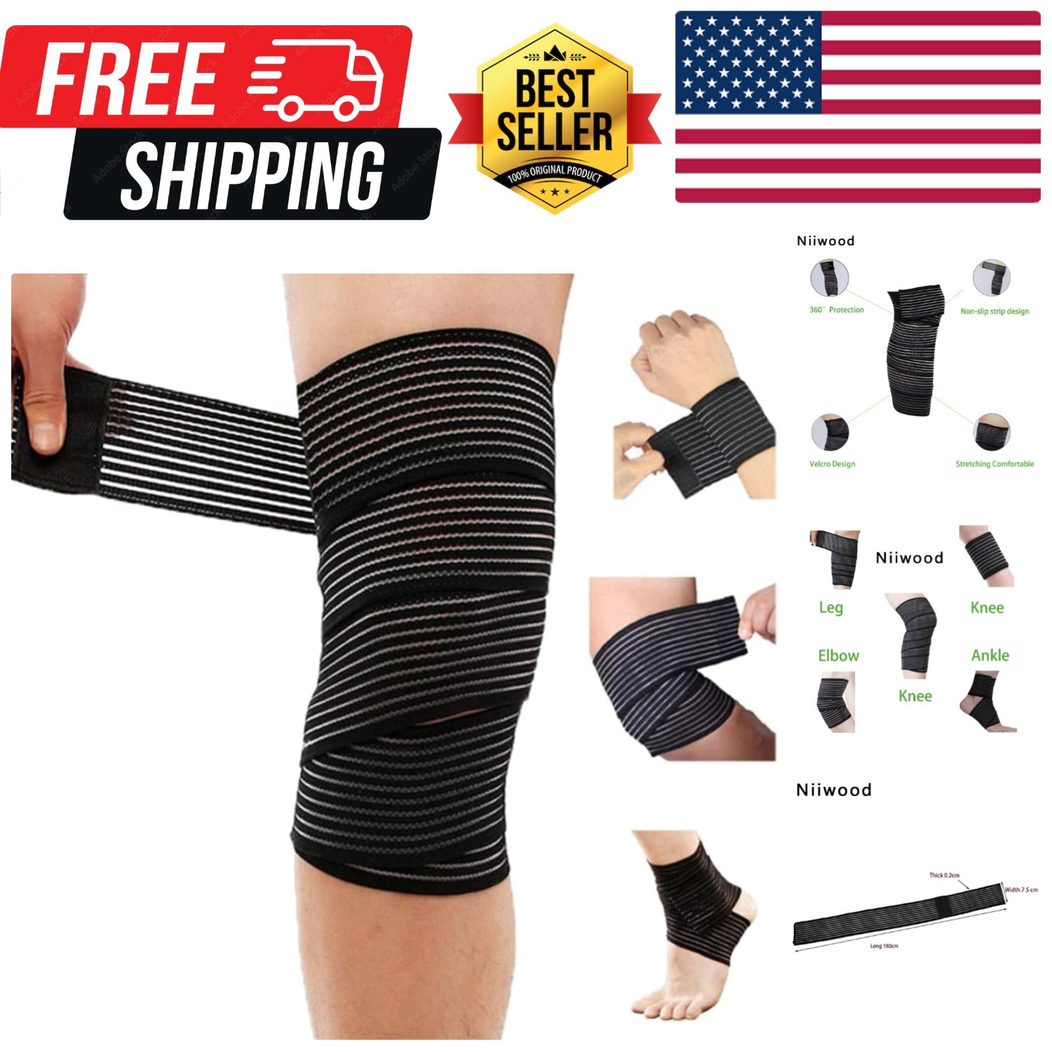 Extra Long Elastic Knee Wrap Compression Bandage Brace Support for Legs, Plan…